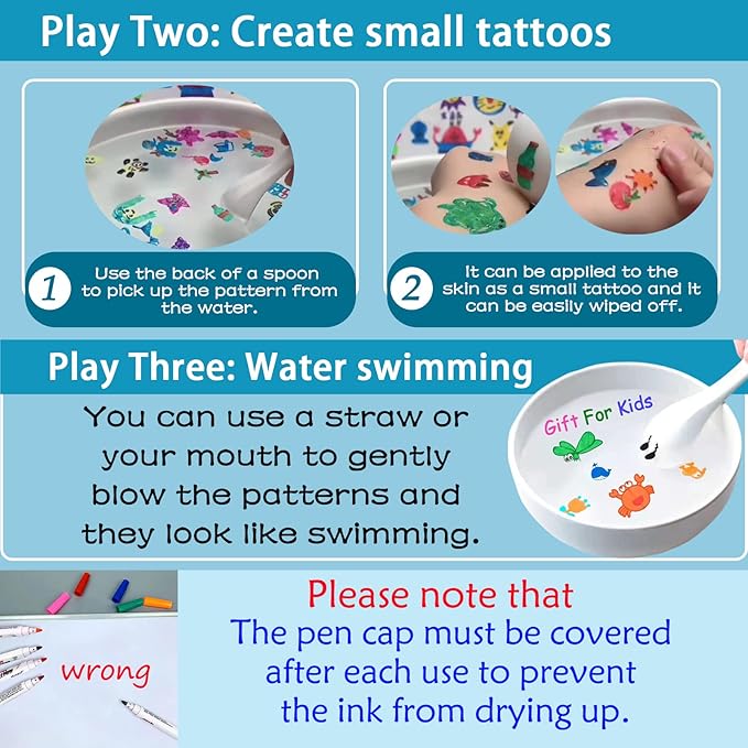 IRWPITW Magic Drawing Pen Bundle, 8 Colors Magical Water Painting Pens for Kids, Kiddies Create Magic Pen Floating Ink Drawings Set with Spoons and Towel, Tattoo Water Marker Gifts for Boys and Girls