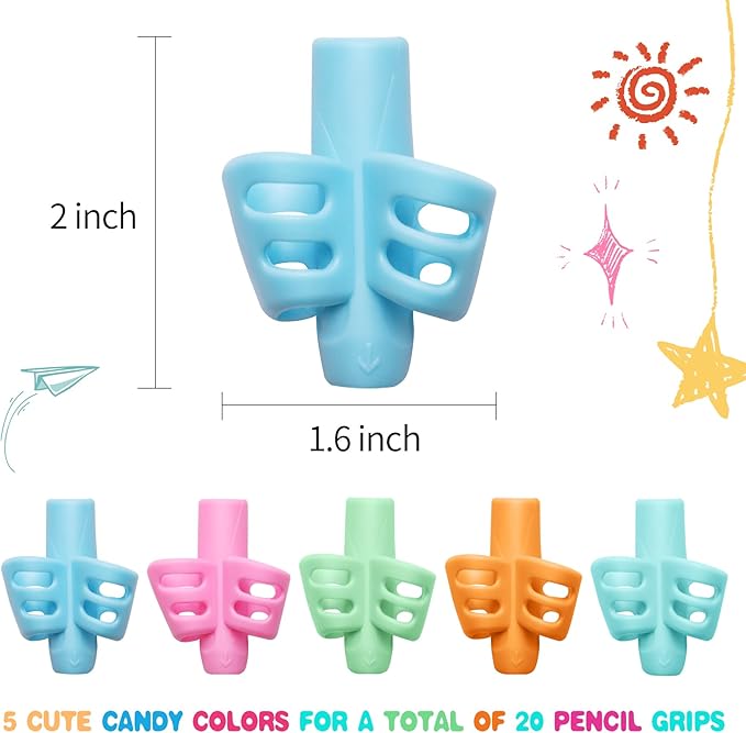 20 Pcs Pencil Grips for Kids Handwriting Ergonomic Training Pencil Holder Writing Tool for Toddlers, Preschoolers, Children Special Needs Colorful School Supplies(2 Fingers)