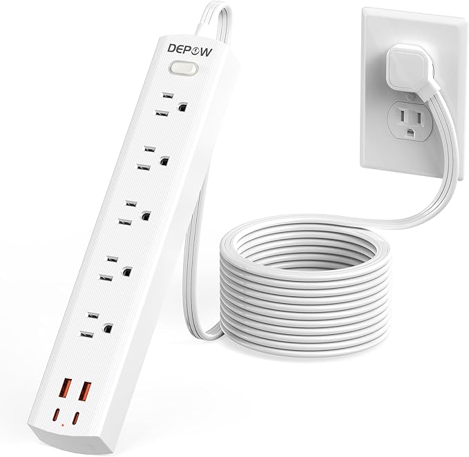 10 Ft Ultra Thin Extension Cord, 5-Outlet Power Strip Surge Protector with 4 USB Ports (2 USB C), 1875W/15A, Low Profile Flat Plug, 1700 Joules, Wall Mount for Home Office, White