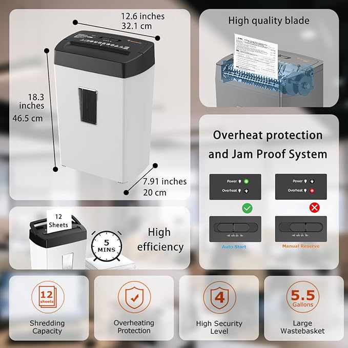 Bonsaii 12-Sheet Cross Cut Shredder, P-4 High Security, 5.5 Gal, Heavy Duty for Home Office, Shreds Paper, Credit Card, Mail, Staples, with Transparent Window, White & Black (C275-A)
