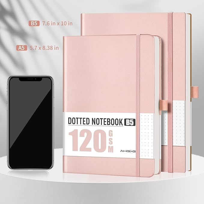 AHGXG Bullet Dotted Journal - Dot Grid Notebook Journal, 120 GSM Thick Acid-Free Paper, Large B5 Dotted Notebook 96 Pages, Leather Softcover, Inner Pocket, Journal Stencil, 7.6'' X 10'' - Rose Gold