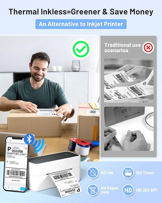 Phomemo Bluetooth Thermal Printer for Shipping Packages - Wireless Label Printers for Small Business with Phone&Pad&PC, 241BT Shipping Label Printer Compatible with Amazon, Ebay, Shopify, USPS, Temu