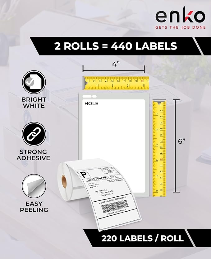 enKo Compatible Zebra 4x6 Label/Dymo Labels 1744907 (4 x 6) for Dymo Labelwriter 4XL Shipping Zebra Direct Thermal Printer (2 Rolls, 440 Labels)