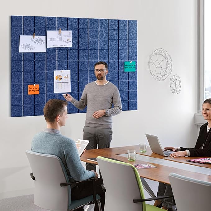 Large Cork Board, 12 Pack Felt Wall Tiles with Safe Removable Adhesive, Bulletin Board for Office, Pin Tack Corkboard for Quilting Design & Dart Wall Protector 48" x 36" - Blue