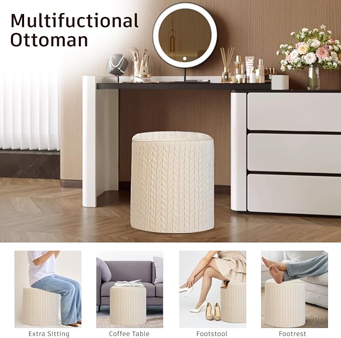 Modern Round Ottoman, Braided-Tufted Foot Stool Ottoman, Velvet Upholstered Vanity Stool for Makeup, Bedroom, Living Room, White