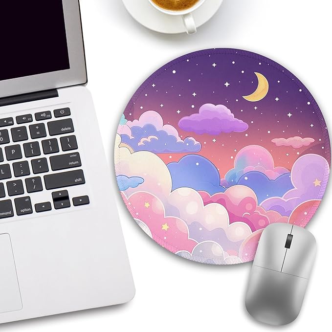 Kawaii Moon Cloud Star Sky Night Mouse Pad, Small Round Mouse Pads for Desk, Mini Travel Mousepad for Wireless Computer Laptop, Pastel Purple Lilac Violet Office Desk Accessories