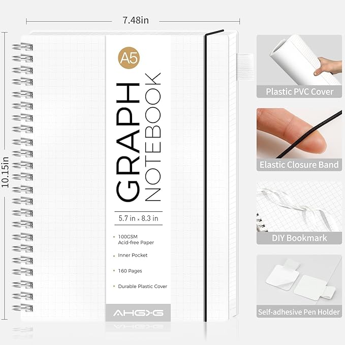 AHGXG Graph Paper Notebook - Spiral Notebook Journal 160 Pages, A5 Graph Notebook 5.7" x 8.3", 100 gsm Thick Grid Paper, Waterproof Plastic Cover, for School Writing Engineering Math, Transparent