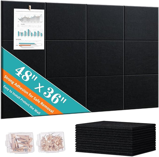 Black Cork Board 48" x 36" - 12 Pack Felt Wall Tiles with Safe Removable Adhesive Tabs - Large Cork Board for Office Classroom Home Walls Decor - Black