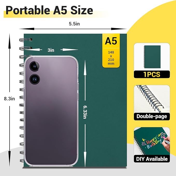 EUSOAR Notebook Spiral, 1 Pack A5 5.5"x8.3" Hardcover College Ruled Lined Journal, 240 Pages(120 Sheets) Writing Pads Professional Notebook for DIY Note Taking School Business Work Office Diary