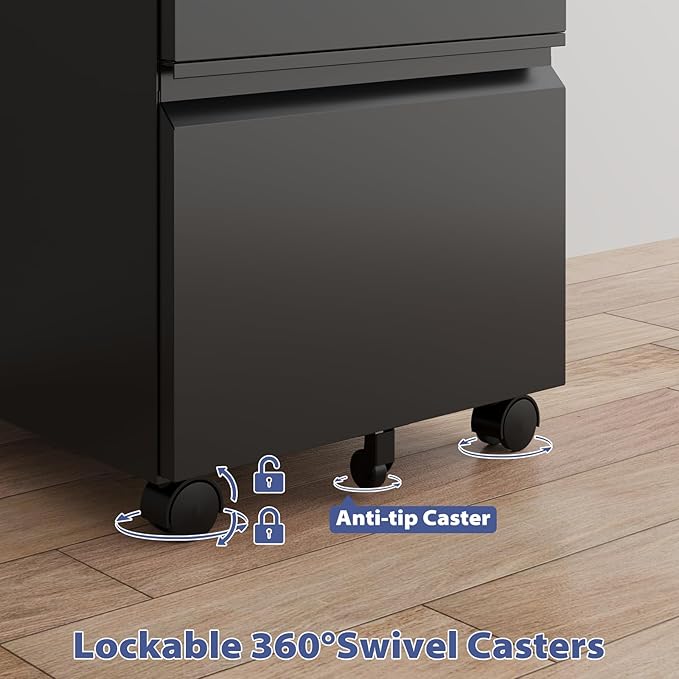 Rolling File Cabinet with Lock, 3 Drawer Metal Mobile Filing Cabinet Legal/Letter Size, Fully Assembled Except Casters, Black