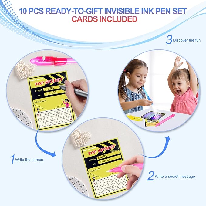 10 Pcs Invisible Ink Pens with UV Led dark light, Word Search & Maze Activities Cards and Bags Included, End of School Year Gift, Fun for Kids' Birthday, Halloween, Christmas, Goodie bag stuffers
