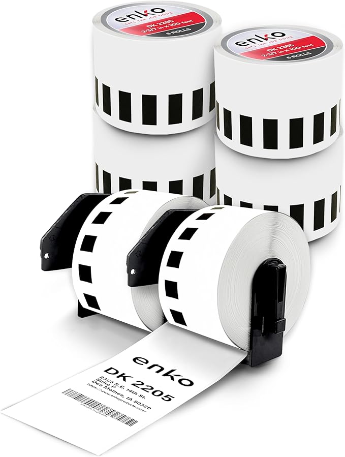 enKo - Compatible DK-2205 Continuous Paper Labels (2.4 Inch x 100 Feet) Use with Brother QL Label Printers QL-800, QL-820NWB QL 810W [6 Rolls + 2 Refillable Cartridge Frames]