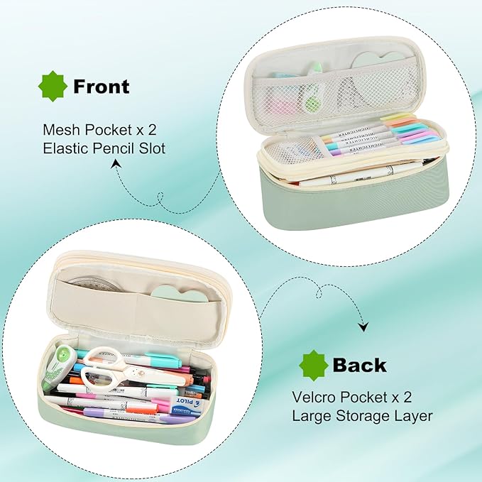 Pencil Case Aesthetic Pencil Bag with Zipper Pencil Pouch Big for Girls Kids Teens Adults Stationery Pencil Case Organizer for School Green