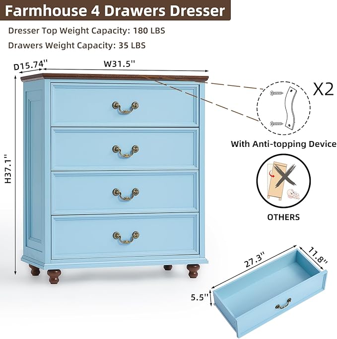 Farmhouse 4 Drawer Dresser Set of 2 for Bedroom, 37" Tall Rustic Chests of Drawers w/ 4 Solid Wood Feet, Mid Century Vintage Wooden Closet Storage Dressers Organizer for Living Room,Light Blue