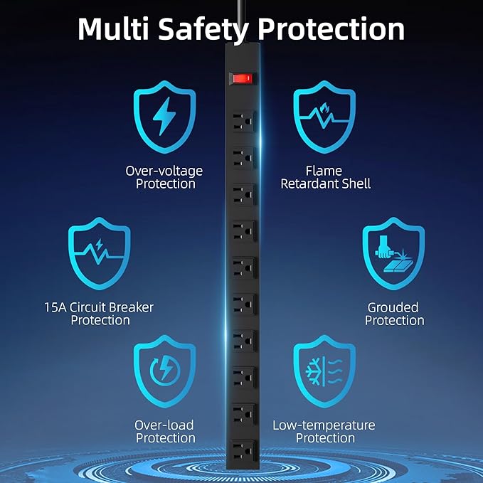 10 Outlet Metal Power Strip,8FT Long Extension Cord Heavy Duty for Kitchen,Office,School,Commercial,Workshop,Industrial,ETL Certified and Listed Socket,1825W/125V/15A,Black(8FT)