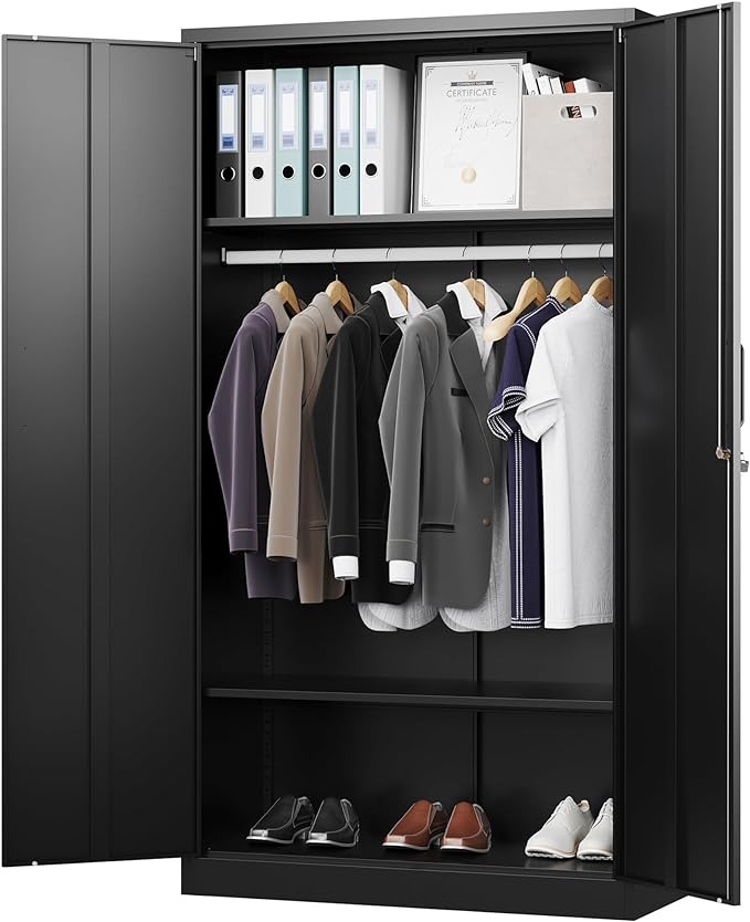 Letaya Metal Wardrobe Cabinets with Lock,Clothing Locker 72" X 36" X 18" Storage Cabinets for Home Room,Fire Department, School, Employee,Gym,Government (Black)