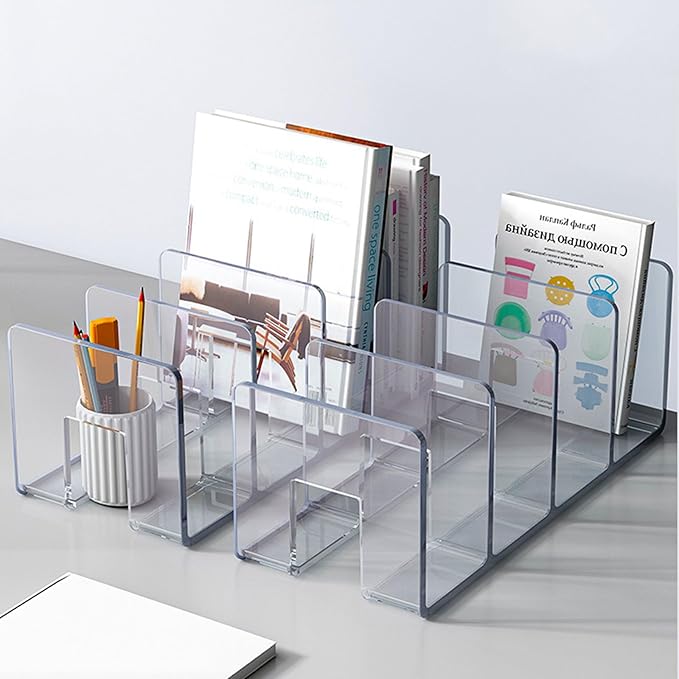 2PCS Acrylic File Organizer for Desk, Desktop Document/Mail Organizer, 4 Compartments Plastics Invisible Bookshelf Floating (12.5" x 5.7" x 5", Clear)