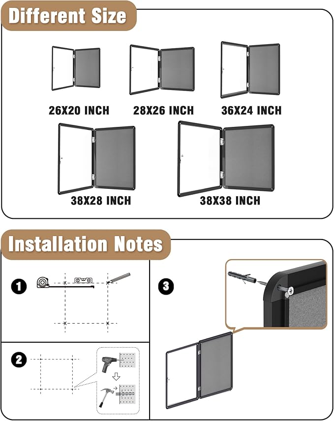 38"x38" Enclosed Bulletin Board, Lockable Weather-Resistant Aluminum Cork Noticeboard for School & Office, Black Frame w/Grey Flet