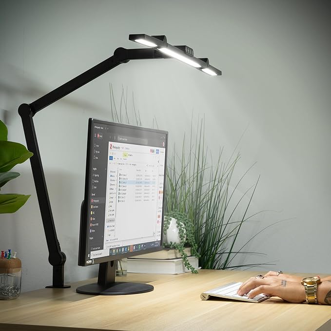 Mount-It! LED Desk Lamp with Adjustable Swing Arms and Clamp Base, Touch Control, Stepless Dimming, and 5 Color Temperatures, Eye-Caring Lighting for Work, Study, and Crafting