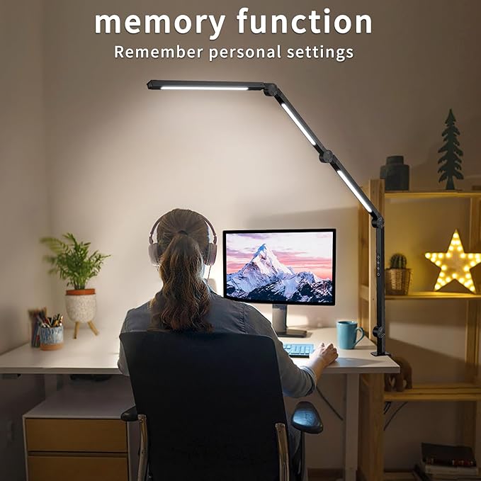 LED Desk Lamp with Clamp & Flexible Arm - 3 Light Sources, 4 Color Modes & 5 Brightness Levels, Eye-Caring Table Light with Memory Function