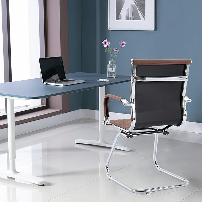 Modern Office Chairs Set of 2, Brown Faux Leather, Ergonomic, Adjustable Height, Conference Room, Reception Area