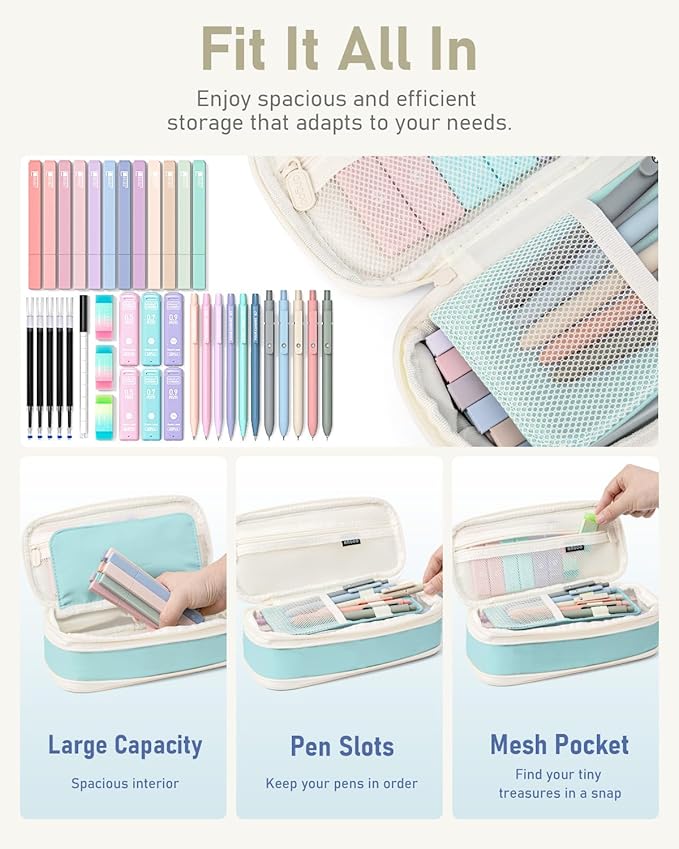 Four Candies 39 PCS Aesthetic School Supplies with Cute Pen Case, 12 Pastel Highlighters, 5 Black Ink Gel Pens, 6 Mechanical Pencils Set 0.5 & 0.7mm for Students Stationary College Essentials (Blue)