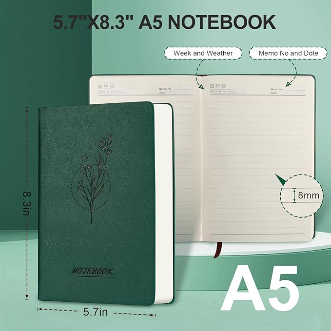 Aesthetic Lined Journal Notebook for Women,300 Pages Softcover Leather Lined Journal Notebook,300 Pages Daily Journal, College Ruled Notebook for Work School, Note Taking 5.75''X8.38'' Green
