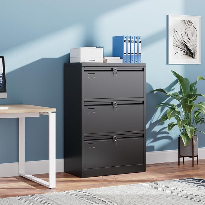 Metal 3 Drawer Lateral File Cabinet with 3 Lock - Wide Filing Cabinet for Letter/Legal/F4/A4 Hanging Files - Includes Business Card Holder,Home Office School Storage,Black