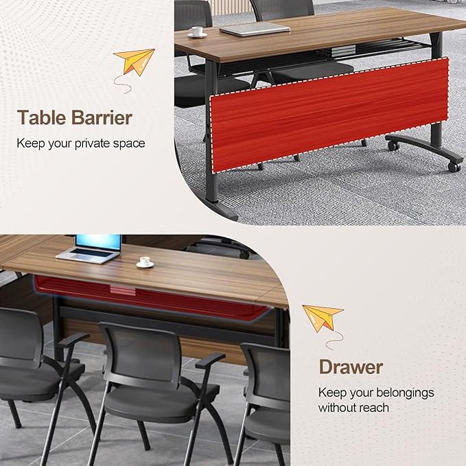 Folding Conference Room Table, Modern Conference Tables with Wheels, Large Rectangular Mobile Training Tables for Office Classroom, Foldable Modular Boardroom Seminar Table Walnut (6pack L70.9in)