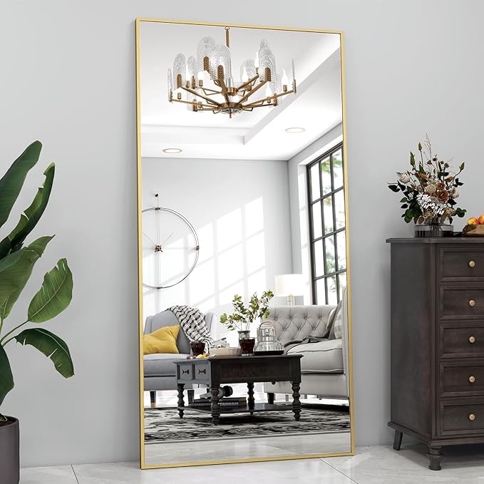 Extra Large 71"x30" Full Length Mirror - Standing, Hanging, or Leaning Rectangle Mirror for Wall or Floor - Wall-Mounted Full Body Dressing Mirrors with Aluminum Alloy Frame for Living Room - Gold