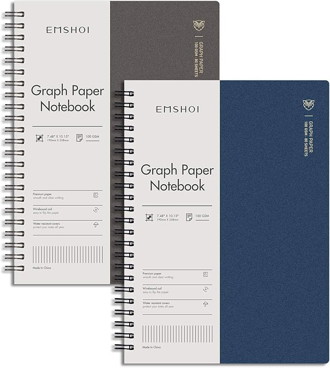 EMSHOI Graph Paper Spiral Notebook 7.48" x 10.15" - 2 Pack 320 Pages 100gsm Thick Grid Paper, B5 Graph Paper Notebook, Plastic Hardcover Journals for Writing Engineering Graphing Work School Supplies