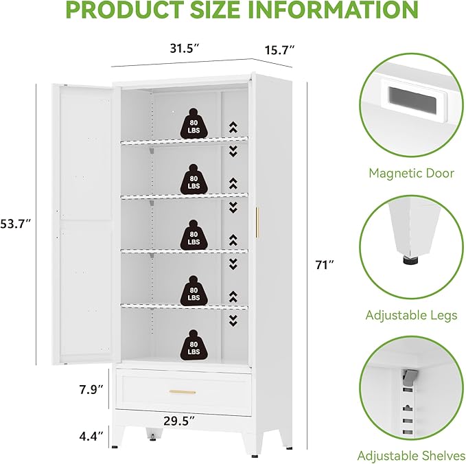 71" Tall Metal Storage Cabinet with Drawer and Adjustable Shelves,Farmhouse Kitchen Pantry Storage Cabinet with Doors,Large Wide Cabinets for Craft Room,Office,Dining Room,Bathroom(White)