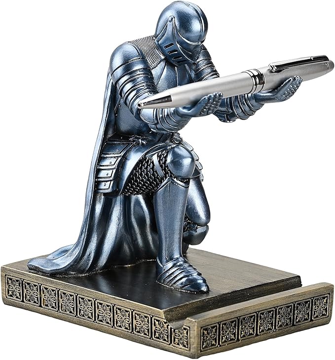 Windbreaker Soldier Knight Pen Holder Personalized Desk Accessory, Mobile Phone & Gaming Controller Holder, Device Stand Gift for Medieval Enthusiasts (Blue)