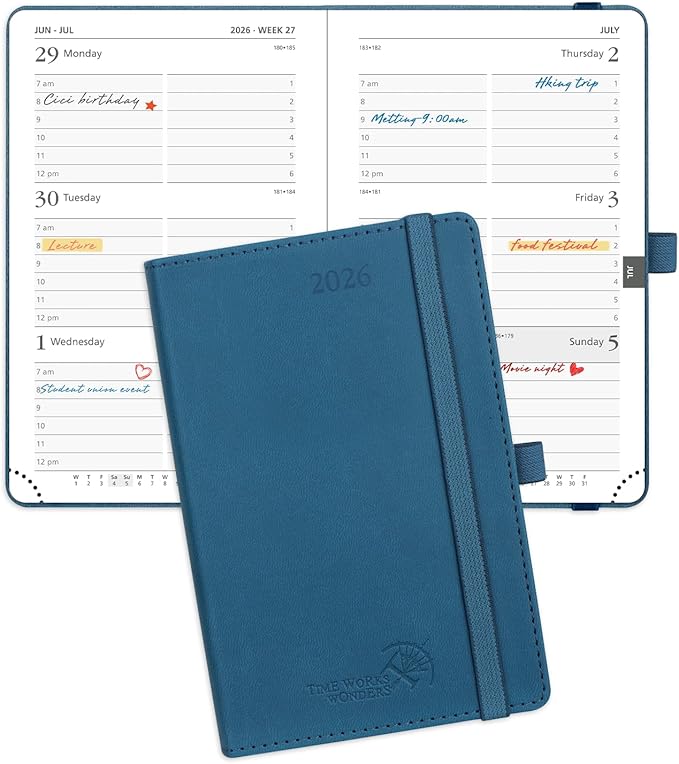 POPRUN Pocket Calendar 2026 (Small Size- 4'' x 6.25") Weekly and Monthly for Purse - Planner 2026 (Jan. 2026 - Dec. 2026) with Vegan Leather Soft Cover, Plastic Ruler, Pen Holder and More - Night Sky Blue