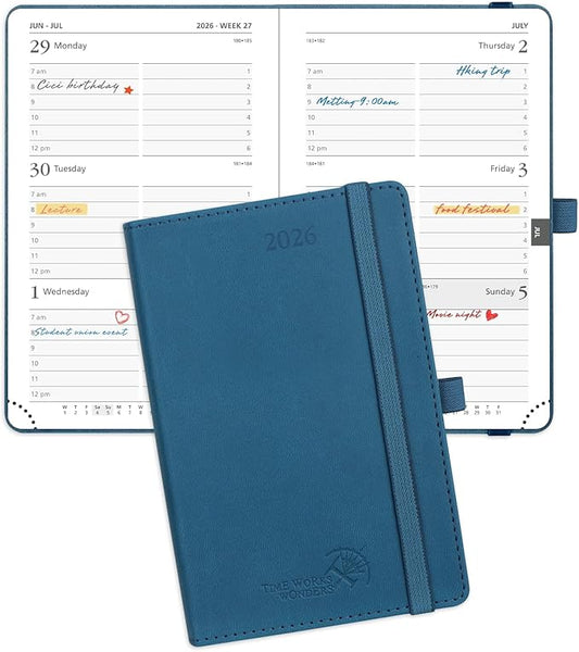 POPRUN Pocket Calendar 2026 (Small Size- 4'' x 6.25") Weekly and Monthly for Purse - Planner 2026 (Jan. 2026 - Dec. 2026) with Vegan Leather Soft Cover, Plastic Ruler, Pen Holder and More - Night Sky Blue