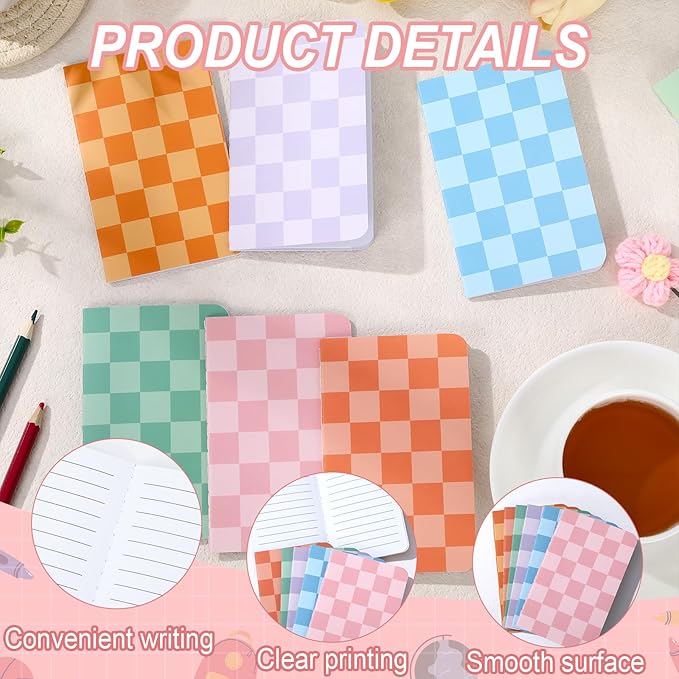 48 Pack Mini Hippie Groovy Notebooks Back to School Favors Small Pocket Size Retro Pink Blue Checked School Girl Notebooks for Students Teacher Appreciation Gift Employee Classroom Prize 5x3 Inch