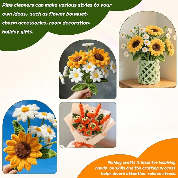 400 Pieces Craft Pipe Cleaners Bulk,Floral Stems for Pipe Cleaner Flowers with Floral Wires, Gardening Tape,Hot Glue Stick,Greeting Card,Bouquet Paper, Stamen & Ribbon,Festival Gifts for Kid,Adult