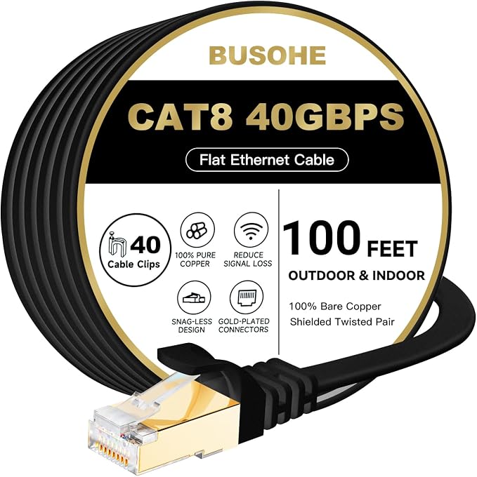 BUSOHE Cat 8 Ethernet Cable 100 FT, 40Gbps 2000MHz Cat8 High Speed Flat by BUSOHE