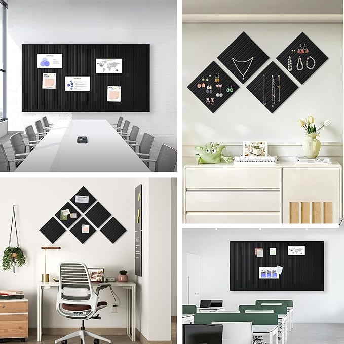 Large Cork Board for Office, 8 Pack Felt Wall Tiles with Slat Wall Paneling, Felt Bulletin Board Pin Board Cork Boards for Walls - Black