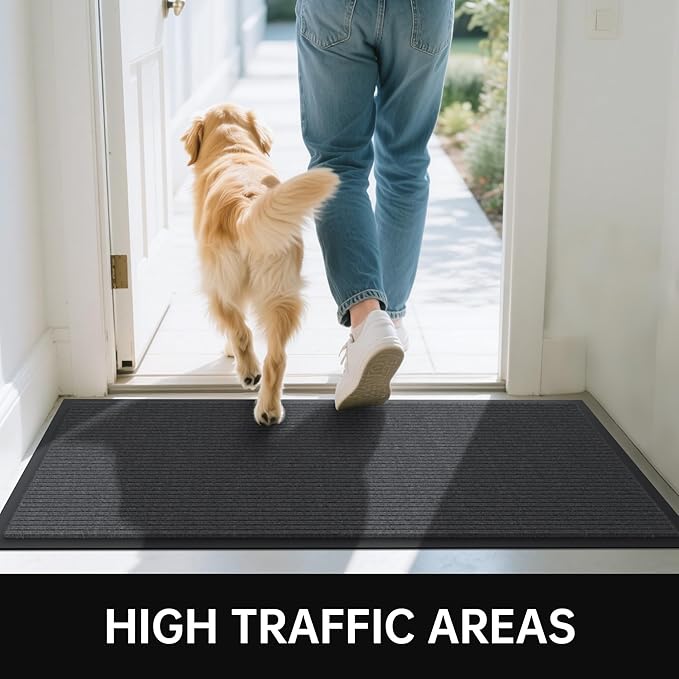 Front Door Mat, 3' x 10' Heavy Duty Indoor Outdoor Welcome Mat for Entryway, Commercial Entrance, Low Profile, Non-Slip, Durable Rubber Backing for Patio, Home
