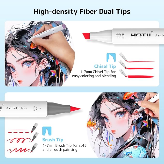 Alcohol Markers Brush Tip -60 Virant Colors Daul Tips Art Markers Set, for Artist Adults Coloring Illustrations, with Seamless Blending, Colorless Blender, Anti-Bleeding Pad, &Premium Ink