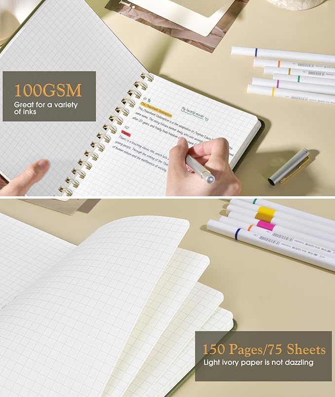 Graph Spiral Journal Notebook, A5 Hardcover Spiral Journals for Women Men, 100 GSM Graph Paper Notebooks, 150 Pages Spiral Bound Grid Notebook for Writing Note Taking Work 5.75" x 8.38" Olive Green