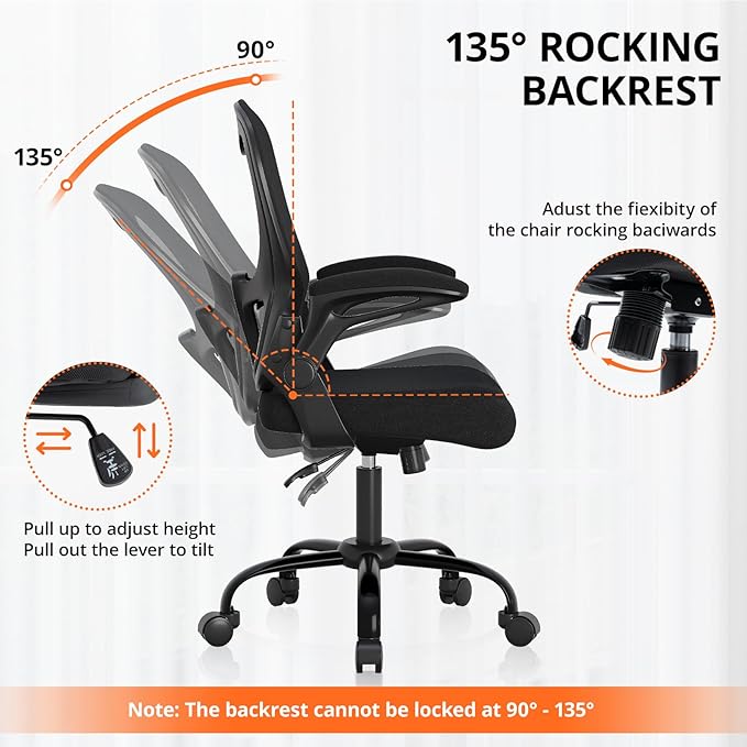 Office Chair, Ergonomic Desk Chair Breathable Mesh Chair with Adjustable High Back Lumbar Support Flip-up Armrests, Long Hours Comfortable Computer Chair for Home Office, Black