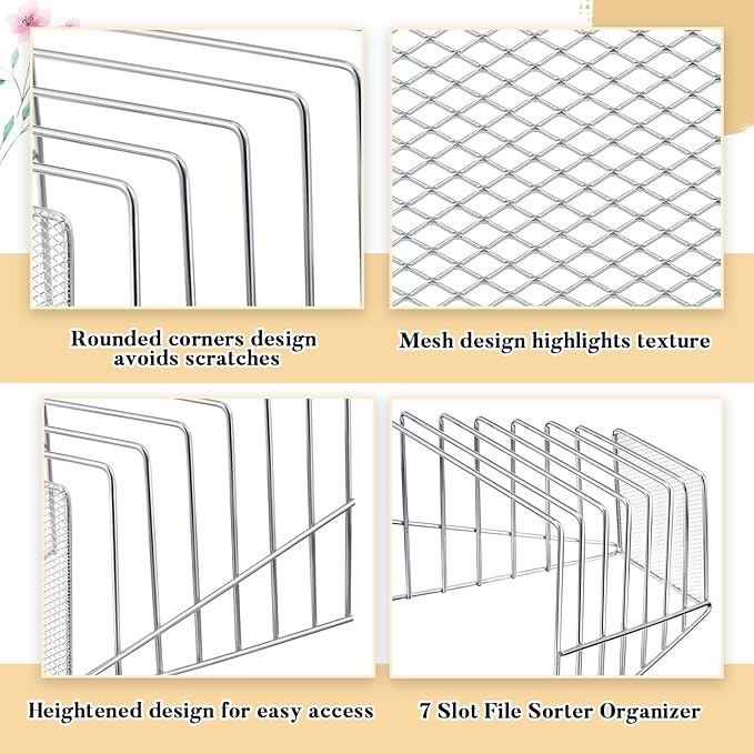 2 Pcs 7 Slot Incline File Sorter Metal Wire Mesh File Racks for Desktop Letter Sorter for Magazine Folder Book Organizer Home Office School Paper Mail Desk Storage Holder (Silver)
