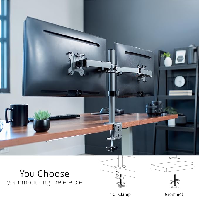 VIVO Dual Monitor Desk Mount, Heavy Duty Fully Adjustable Steel Stand, Holds 2 Computer Screens up to 30 inches and Max 22lbs Each, Gray Color, STAND-V002-GY