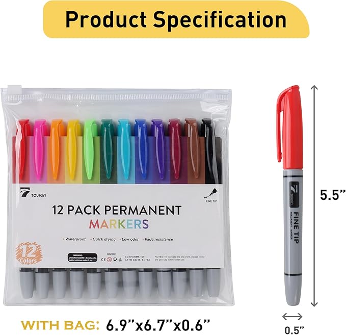 12 Permanent Markers - Assorted Colors Drawing Marker Pens Set, Waterproof Quick Drying Fine Tip Colored Artists Markers for Adults Coloring