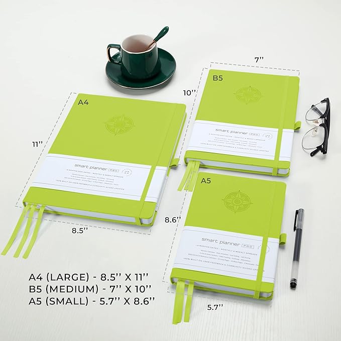 Smart Planner Pro – Undated Daily Planner – Small A5 – Achieve Goals & Increase Productivity – Weekly, Monthly, Work Sections, Organizer Diary with Back Pocket, 3 Satin Bookmarks & Pen Holder