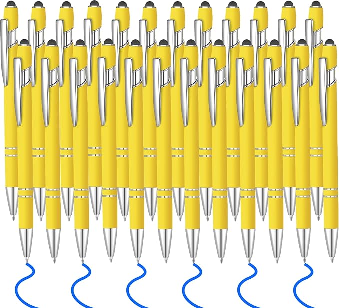 24 Pcs Blue Ink Ballpoint Pen with Stylus Tip 2 in 1 Ballpoint Pen 1.0 mm Blue Ink Metal Stylus Pen for Touch Screens Coworkers, Family, Colleagues, Office (Yellow)