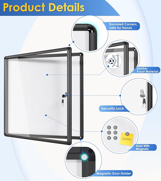 SWANCROWN Lockable Bulletin Boards Black Frame Enclosed Display Case,with Magnets,for School Message Notice 28x26inch(6XA4)