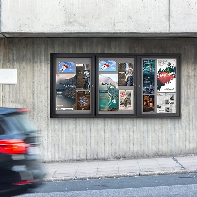 Enclosed Bulletin Board Outdoor Noticeboard with Locking Door, Weather-Resistant, Grey Felt, Black Aluminum Frame, 70 x 36 in